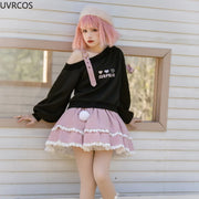 Spring Chic Gothic Skirt Sets Japan Girls Sweet Lolita Cute Heart Black Off Shoulder Hoodies Mini Skirts Suit Women 2 Piece Set