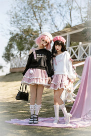 Spring Chic Gothic Skirt Sets Japan Girls Sweet Lolita Cute Heart Black Off Shoulder Hoodies Mini Skirts Suit Women 2 Piece Set