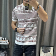 Korean Slim Bottomed Shirt Thick O-Neck Stripe Short Sleeve T-shirt Streetwear Knitted Sweater Top Quality Male Knit Tshirt Tee