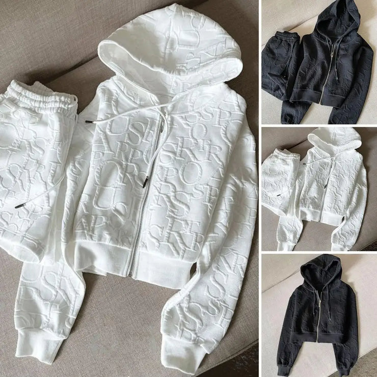 2 Pcs/Set Women Hoodie Shorts Suit Hooded Zip-up Long Sleeves Short Coat Elastic High Waist Trousers Sport Fall Winter Tracksuit