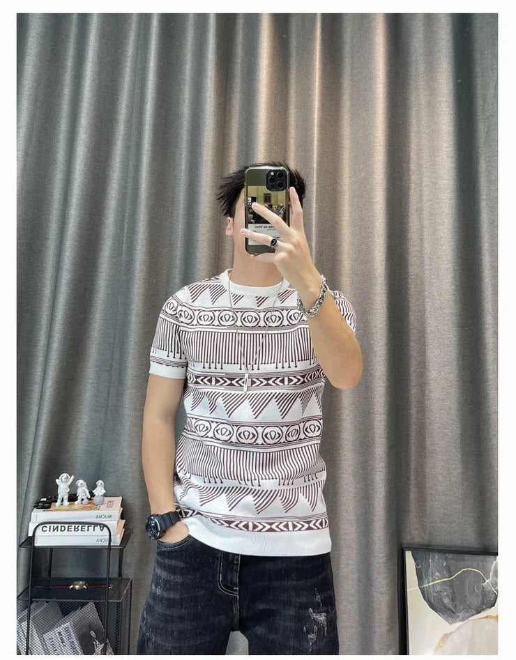 Korean Slim Bottomed Shirt Thick O-Neck Stripe Short Sleeve T-shirt Streetwear Knitted Sweater Top Quality Male Knit Tshirt Tee